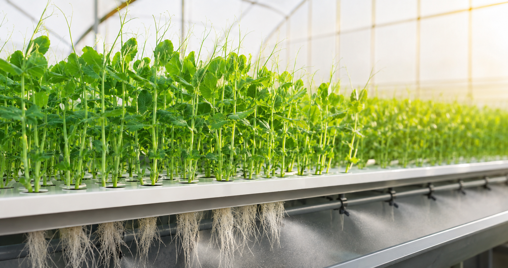 Pea shoots growing in an aeroponic greenhouse with misted roots