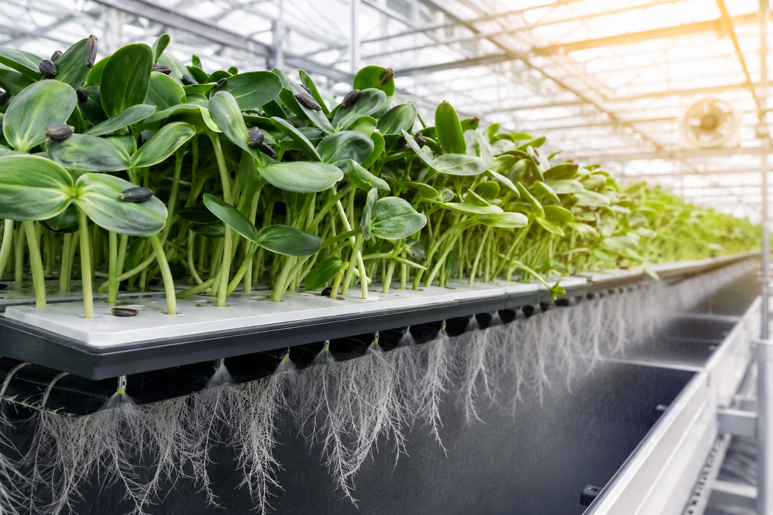 Sunflower shoots growing aeroponically in the greenhouse