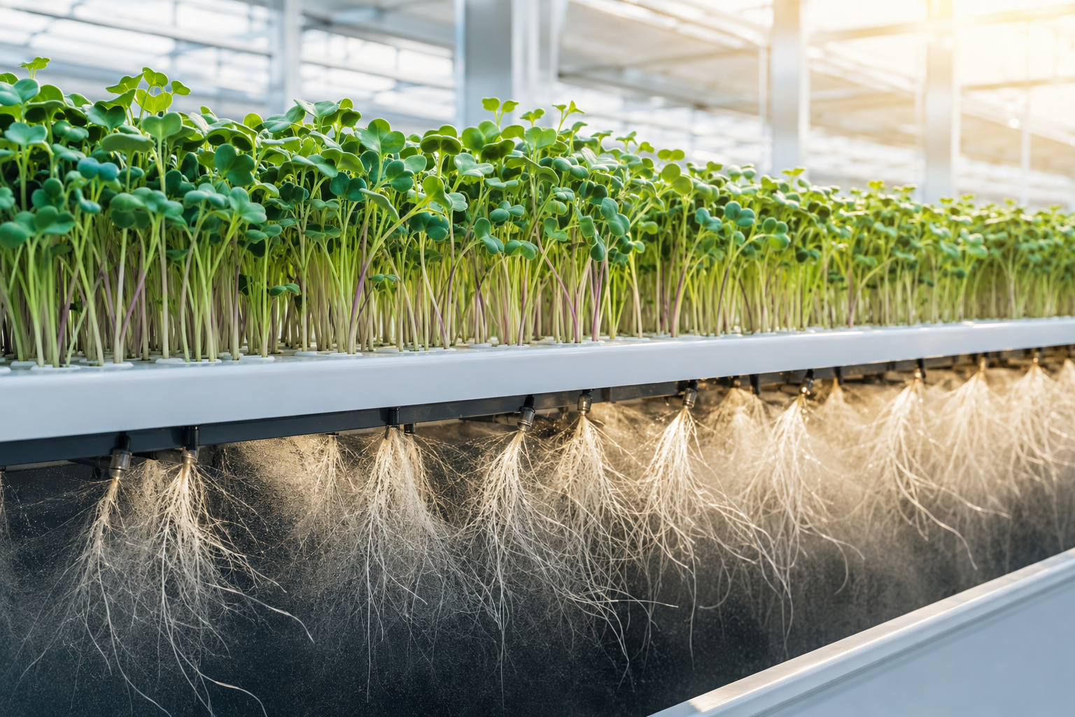 Microgreens on an aeroponic rack with roots hanging in the mist